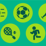 Graphic of spring sports includes a baseball and bat, a soccer ball, a fastpitch softball, a person running in track and field, and a tennis racket